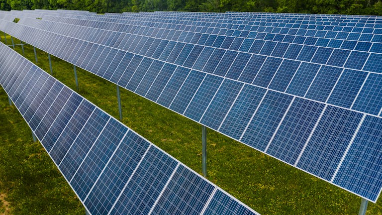 Aerial view of solar panels in a lush green field, showcasing renewable energy.